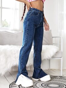 Jeans tipo boyfriend con abertura lateral con cremallera - Azul lavado oscuro - Ver 3