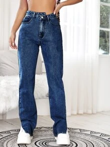 Jeans tipo boyfriend con abertura lateral con cremallera - Azul lavado oscuro - Ver 5