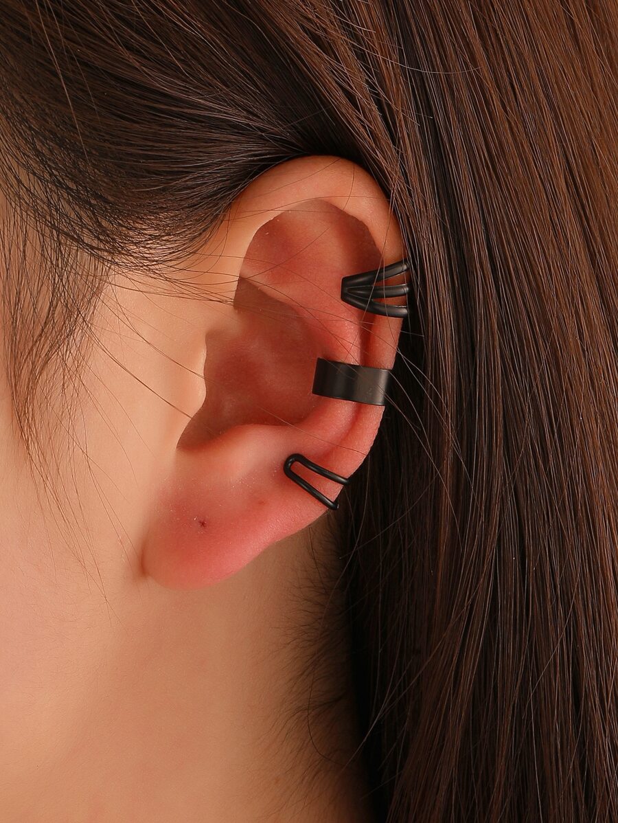 3 cái/bộ Đúng mốt Hình học Hình chữ C Kẹp vào hoa tai Không xỏ lỗ , Thích hợp Đối với Của phụ nữ Mặc hàng ngày - Màu Đen Súng - Xem 1