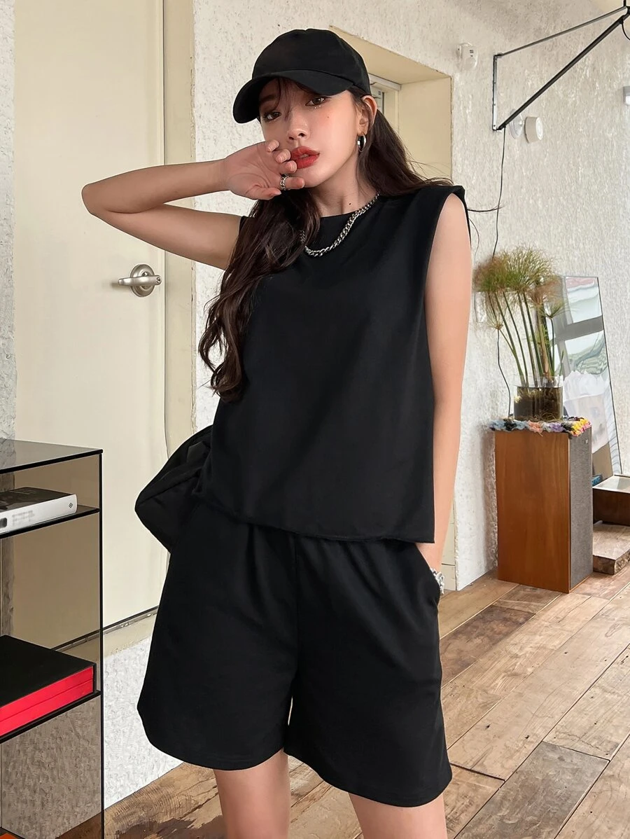 DAZY Shoulder Pads Tank Top & Slant Pockets Shorts Summer,Women Two Pieces Sets Lounge Sets For Women - Black - View 1