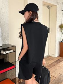 DAZY Shoulder Pads Tank Top & Slant Pockets Shorts Summer,Women Two Pieces Sets Lounge Sets For Women - Black - View 2