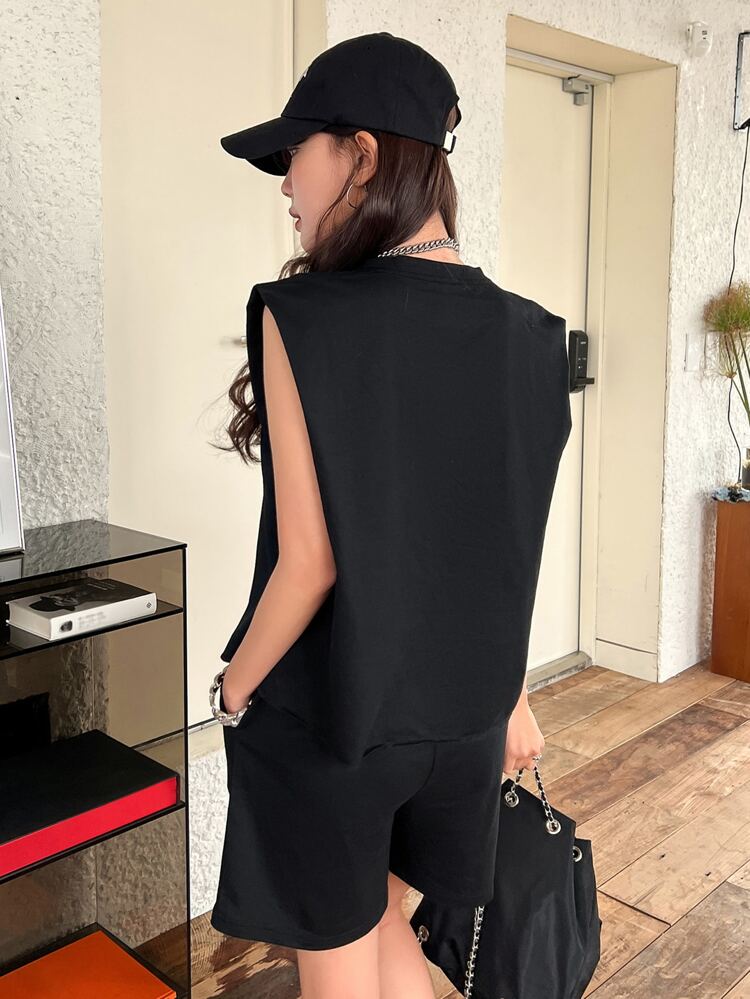 Shoulder Pads Tank Top & Slant Pockets Shorts Summer,Women Two Pieces Sets Lounge Sets For Women
