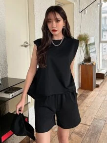 DAZY Shoulder Pads Tank Top & Slant Pockets Shorts Summer,Women Two Pieces Sets Lounge Sets For Women - Black - View 3