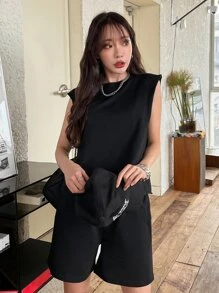 DAZY Shoulder Pads Tank Top & Slant Pockets Shorts Summer,Women Two Pieces Sets Lounge Sets For Women - Black - View 4