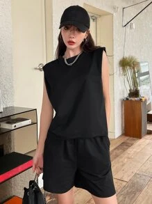 DAZY Shoulder Pads Tank Top & Slant Pockets Shorts Summer,Women Two Pieces Sets Lounge Sets For Women - Black - View 5