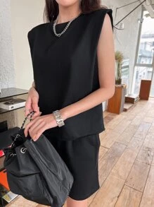 DAZY Shoulder Pads Tank Top & Slant Pockets Shorts Summer,Women Two Pieces Sets Lounge Sets For Women - Black - View 6