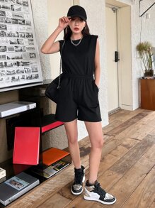 DAZY Shoulder Pads Tank Top & Slant Pockets Shorts Summer,Women Two Pieces Sets Lounge Sets For Women - Black - View 7