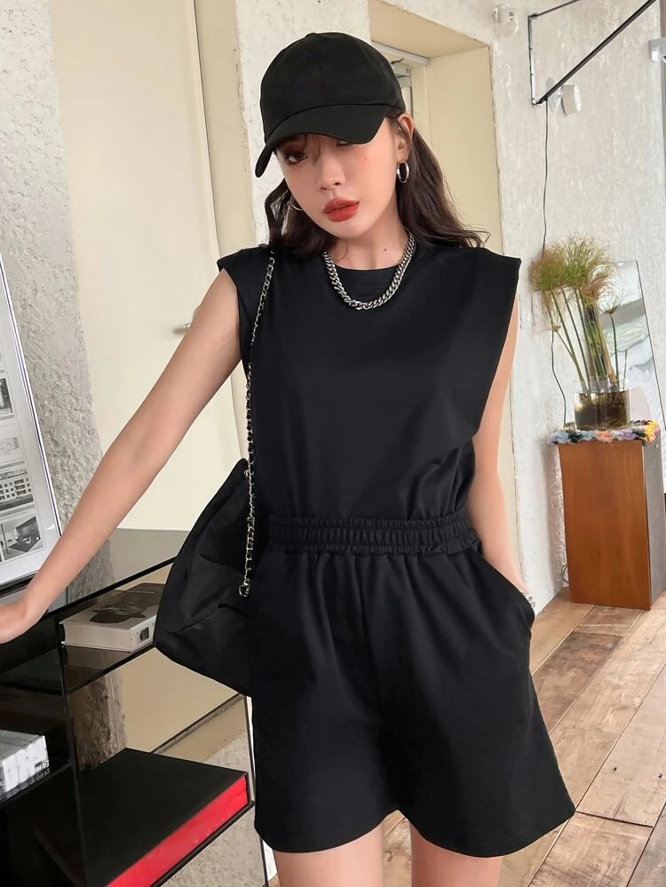 Shoulder Pads Tank Top & Slant Pockets Shorts Summer,Women Two Pieces Sets Lounge Sets For Women