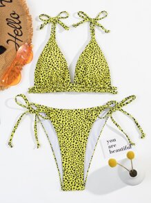 Dalmatian Print Micro Triangle Bikini Set, For Summer Beach Vacation - Olive Green - View 1