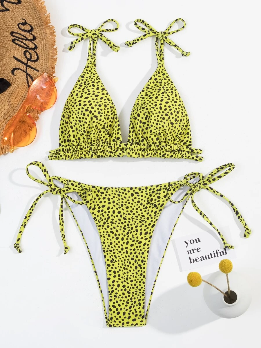 Dalmatian Print Micro Triangle Bikini Set, For Summer Beach Vacation - Olive Green - View 1