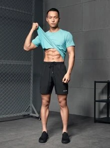 Pantalones cortos deportivos de estilo novio para hombres con gráficos de letras y paneles de contraste - Negro - Ver 6