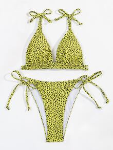 Dalmatian Print Micro Triangle Bikini Set, For Summer Beach Vacation - Olive Green - View 3