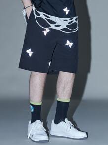 Men Reflective Butterfly Print Slant Pocket Shorts - Black - View 1