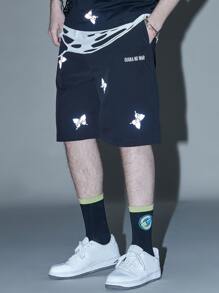 Men Reflective Butterfly Print Slant Pocket Shorts - Black - View 4