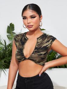 SHEIN SXY 迷彩印花前扭結短款上衣 - 彩色 - 查看 4