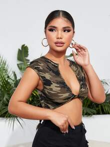 SHEIN SXY 迷彩印花前扭結短款上衣 - 彩色 - 查看 5