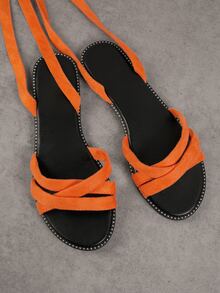 Round Toe Faux Suede Lace Up The Leg Flat Sandals - Orange - View 2