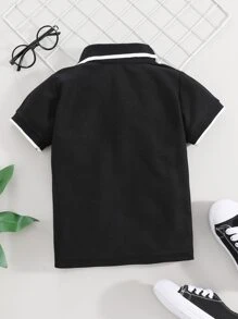 SHEIN 男童撞色边饰 Polo 衫 儿童黑色 Polo 衫 - 黑色 - 查看 2