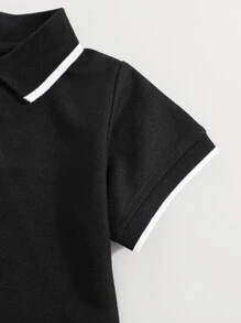 SHEIN 男童撞色边饰 Polo 衫 儿童黑色 Polo 衫 - 黑色 - 查看 4