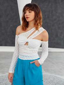 SHEIN BAE Asymmetrical Neck Sheer Top - White - View 1