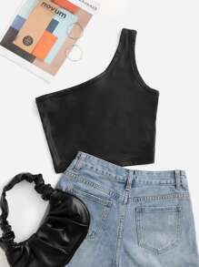 SHEIN EZwear One Shoulder Crop PU Leather Top - Black - View 1
