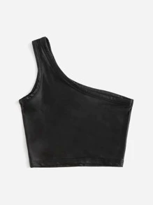 SHEIN EZwear One Shoulder Crop PU Leather Top - Black - View 2