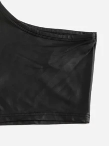 SHEIN EZwear One Shoulder Crop PU Leather Top - Black - View 3