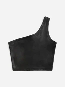 SHEIN EZwear One Shoulder Crop PU Leather Top - Black - View 4