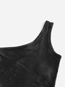 SHEIN EZwear One Shoulder Crop PU Leather Top - Black - View 5