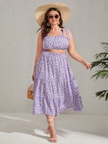 SHEIN Unity 大碼小碎花肩上打結吊帶上衣和荷葉邊半身裙