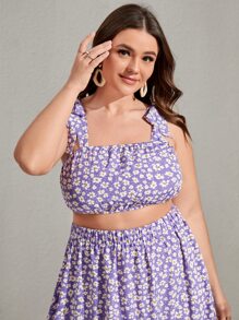 SHEIN Unity 大碼小碎花肩上打結吊帶上衣和荷葉邊半身裙