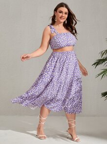 SHEIN Unity 大碼小碎花肩上打結吊帶上衣和荷葉邊半身裙