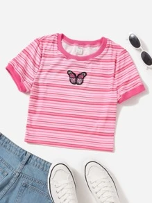 SHEIN Tops con gái Nghề thêu Gân đan Sọc Loại bướm Giải trí - Hồng - Xem 1