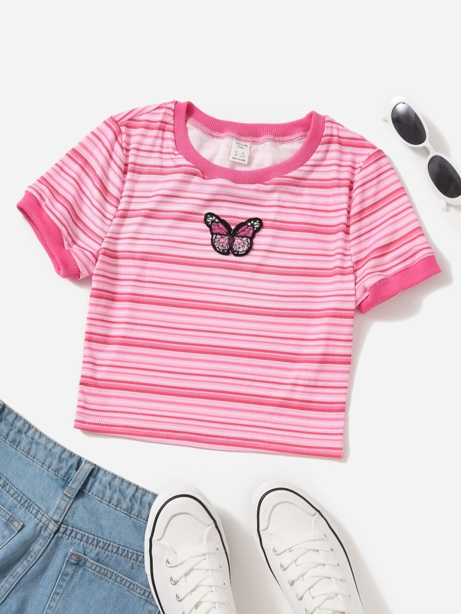 SHEIN Tops con gái Nghề thêu Gân đan Sọc Loại bướm Giải trí - Hồng - Xem 1