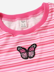 SHEIN Tops con gái Nghề thêu Gân đan Sọc Loại bướm Giải trí - Hồng - Xem 3