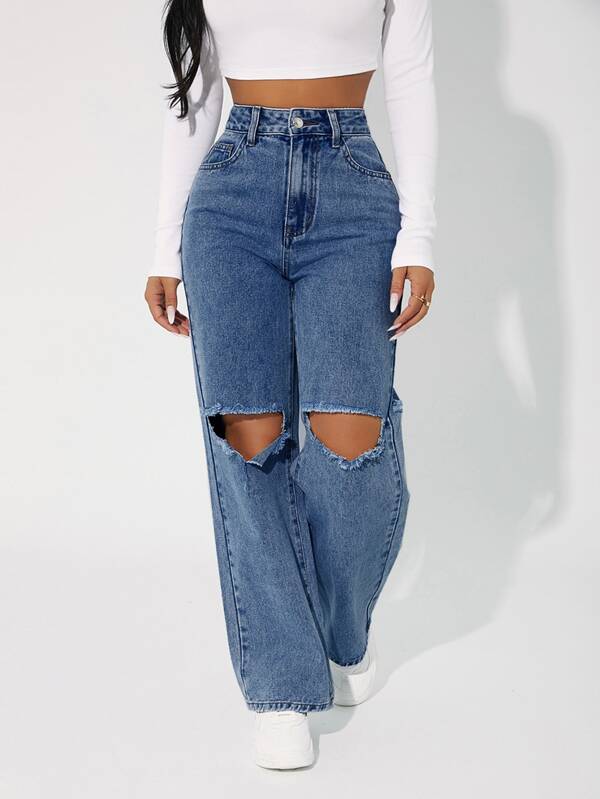 SHEIN PETITE High Waist Cut Out Straight Leg Jeans