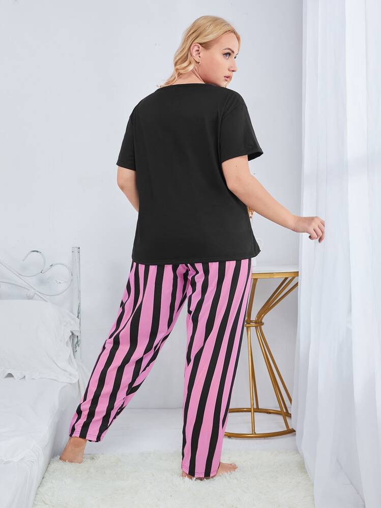 Plus Cartoon Graphic Tee & Striped Pants, Pajama Set Holiday Season - Multicolor - View 2