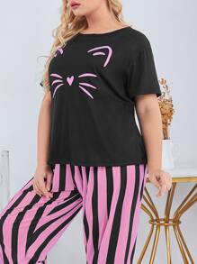 Conjunto de pijama con camiseta con gráfico de dibujos animados y pantalones a rayas, para la temporada festiva - Multicolor - Ver 3