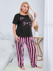 Conjunto de pijama con camiseta con gráfico de dibujos animados y pantalones a rayas, para la temporada festiva - Multicolor - Ver 4