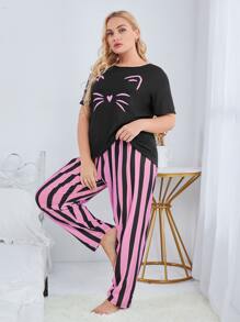 Conjunto de pijama con camiseta con gráfico de dibujos animados y pantalones a rayas, para la temporada festiva - Multicolor - Ver 5