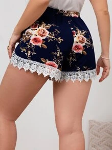 大碼印花鏤空蕾絲花邊短褲 - 藏蓝色 - 查看 3