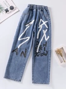 女孩字母圖案闊腿牛仔褲