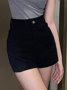 High Waist Solid Color Skinny Denim Shorts, Gyaru Fashion, Spring/Summer - Black - View 1