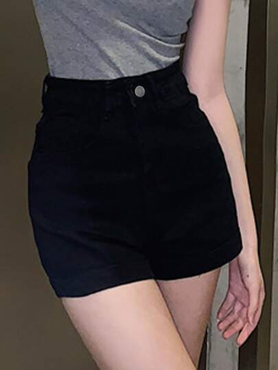 High Waist Solid Color Skinny Denim Shorts, Gyaru Fashion, Spring/Summer