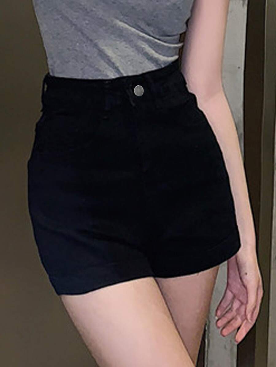 High Waist Solid Color Skinny Denim Shorts, Gyaru Fashion, Spring/Summer - Black - View 1