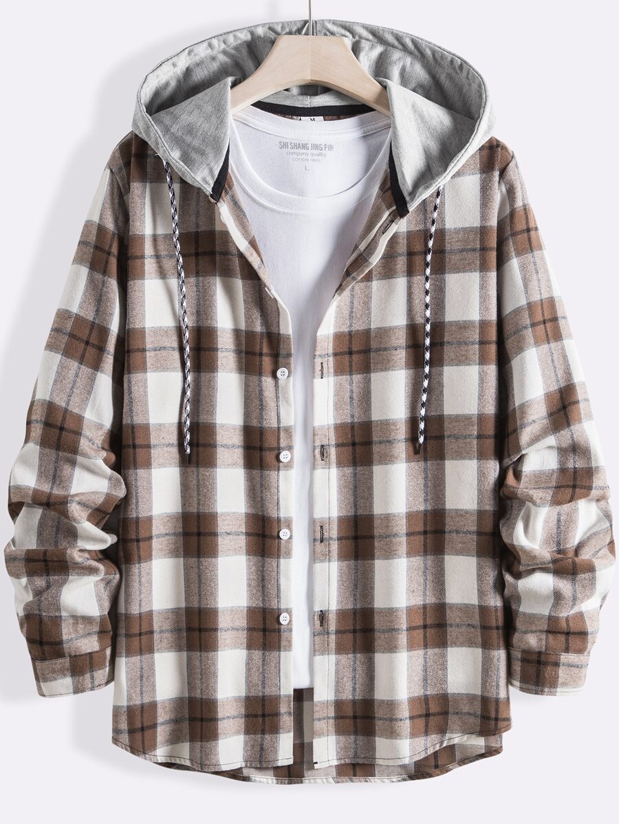Manfinity Men Plaid Drawstring Hooded Shirt - Multicolor - View 1