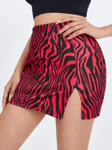SHEIN PETITE Split Hem Zebra Striped Skirt - Multicolor - View 3