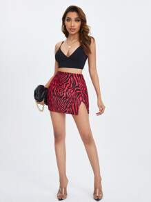 SHEIN PETITE Split Hem Zebra Striped Skirt - Multicolor - View 4