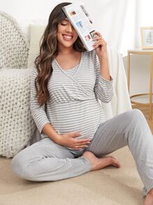 SHEIN Maternity Striped Nursing Tee & Trousers Lounge Set - Light Grey - View 1