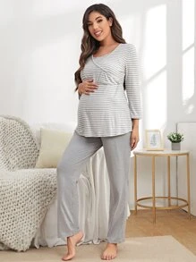 SHEIN Maternity Striped Nursing Tee & Trousers Lounge Set - Light Grey - View 4